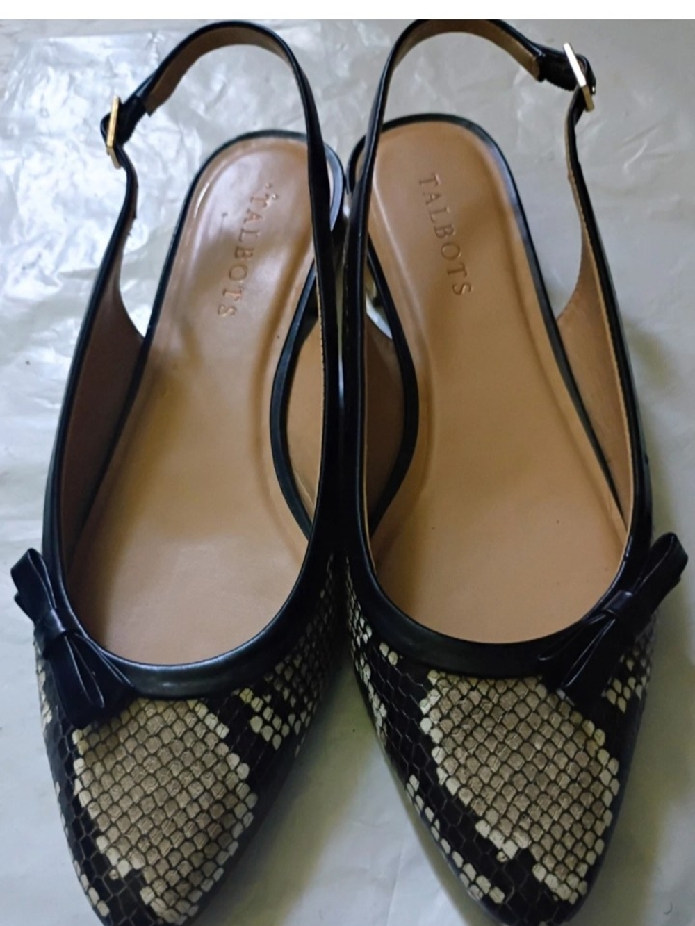 Talbots Black & Beige Snake-Print Slingback Flats